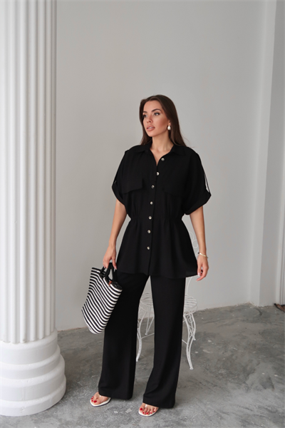KETEN BELDEN BÜZGÜ DETAYLI GÖMLEK - PANTOLON TAKIM - Siyah