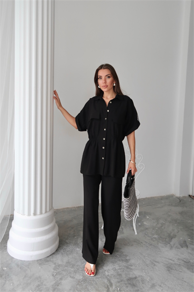 KETEN BELDEN BÜZGÜ DETAYLI GÖMLEK - PANTOLON TAKIM - Siyah