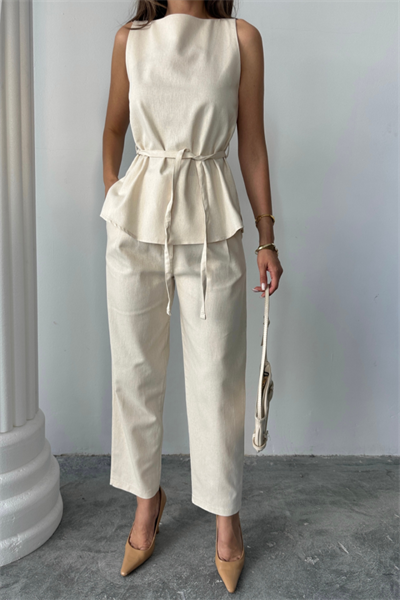 KETEN BLUZ - PANTOLON TAKIM MASSİMO MODELSCREAT KUMAŞ - Bej