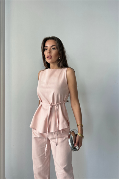 KETEN BLUZ - PANTOLON TAKIM MASSİMO MODELSCREAT KUMAŞ - Pudra