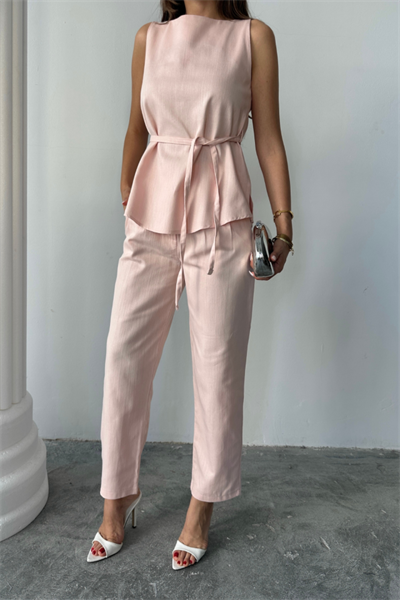 KETEN BLUZ - PANTOLON TAKIM MASSİMO MODELSCREAT KUMAŞ - Pudra