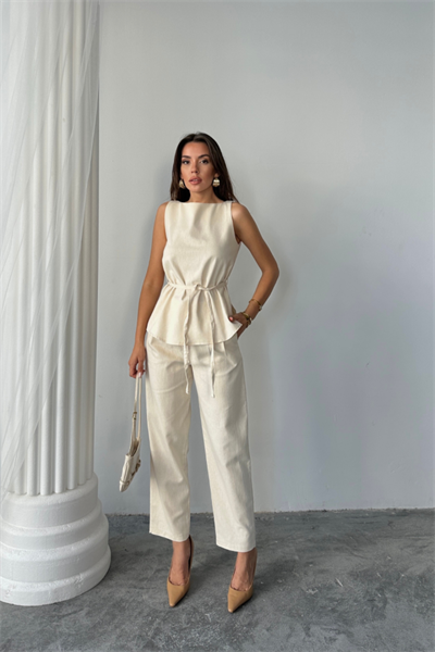 KETEN BLUZ - PANTOLON TAKIM MASSİMO MODELSCREAT KUMAŞ - Bej