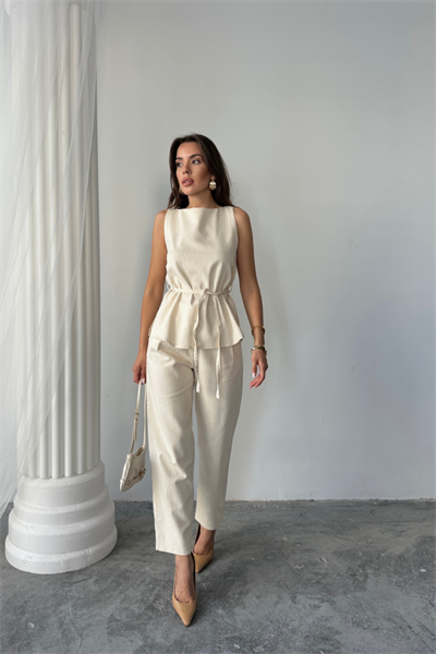 KETEN BLUZ - PANTOLON TAKIM MASSİMO MODELSCREAT KUMAŞ - Bej