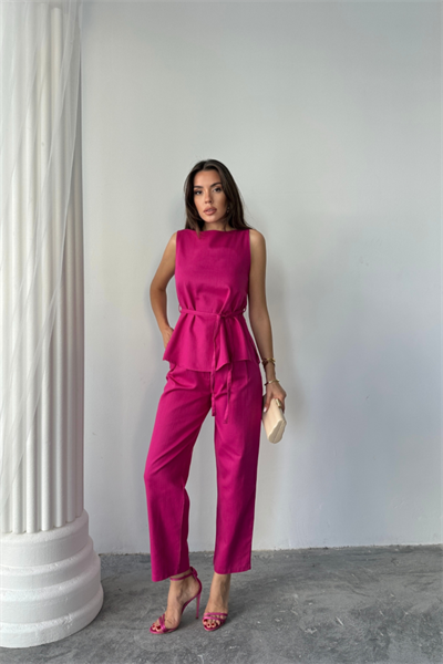 KETEN BLUZ - PANTOLON TAKIM MASSİMO MODELSCREAT KUMAŞ - Fuşya