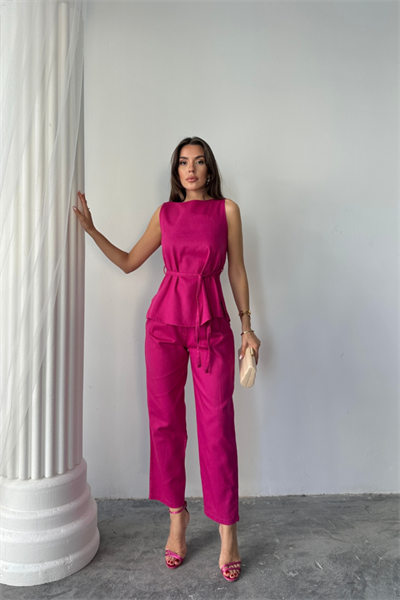 KETEN BLUZ - PANTOLON TAKIM MASSİMO MODELSCREAT KUMAŞ - Fuşya