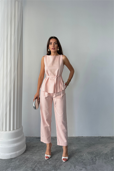 KETEN BLUZ - PANTOLON TAKIM MASSİMO MODELSCREAT KUMAŞ - Pudra