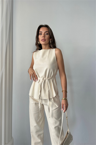 KETEN BLUZ - PANTOLON TAKIM MASSİMO MODELSCREAT KUMAŞ - Bej