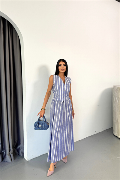 KETEN ÇİZGİLİ YELEK - UZUN ETEK TAKIM - Mavi