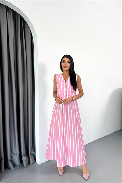 KETEN ÇİZGİLİ YELEK - UZUN ETEK TAKIM - Pembe