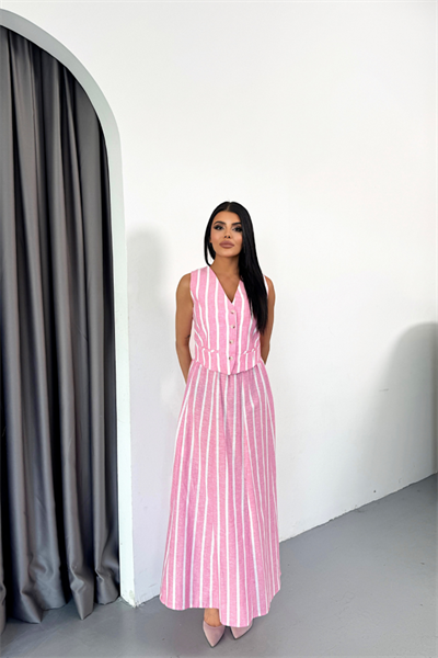 KETEN ÇİZGİLİ YELEK - UZUN ETEK TAKIM - Pembe