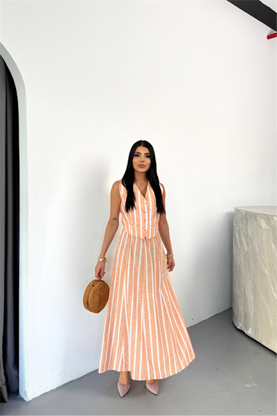 KETEN ÇİZGİLİ YELEK - UZUN ETEK TAKIM - Orange