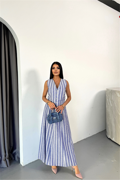 KETEN ÇİZGİLİ YELEK - UZUN ETEK TAKIM - Mavi