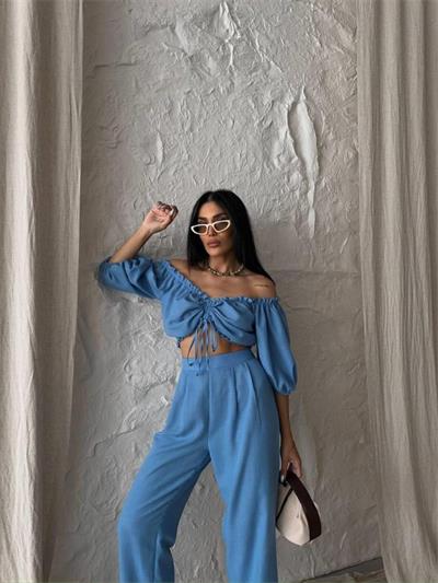 KETEN CROP BLUZ BÜZGÜ YAKA + PANTOLON TAKIM - Mavi