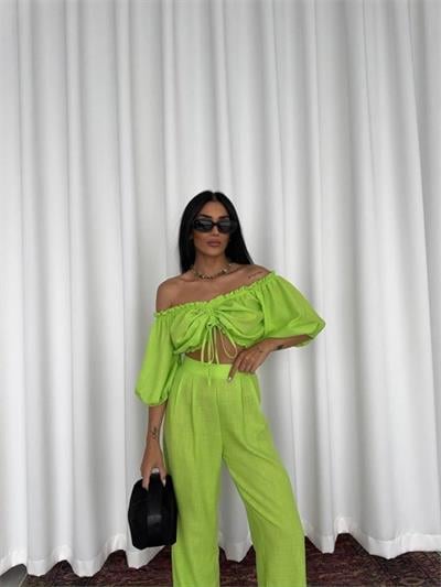 KETEN CROP BLUZ BÜZGÜ YAKA + PANTOLON TAKIM - Yeşil