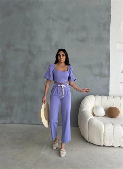 KETEN CROP KARPUZ KOL BLUZ-PANTOLON HASIR KEMERLİ - Mor