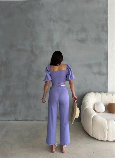 KETEN CROP KARPUZ KOL BLUZ-PANTOLON HASIR KEMERLİ - Mor