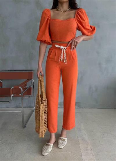 KETEN CROP KARPUZ KOL BLUZ-PANTOLON HASIR KEMERLİ - Orange