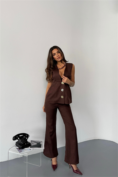 KETEN GOLD DÜĞMELİ YELEK - PANTOLON TK - Kahverengi