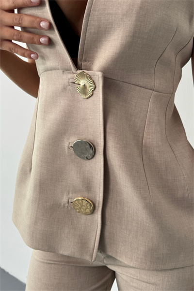 KETEN GOLD DÜĞMELİ YELEK - PANTOLON TK - Bej