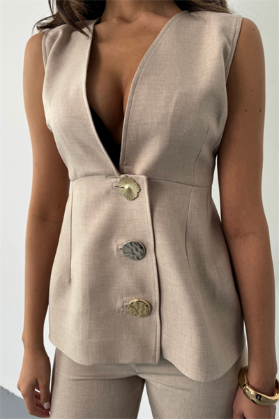 KETEN GOLD DÜĞMELİ YELEK - PANTOLON TK - Bej