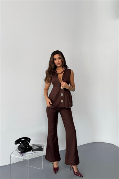 KETEN GOLD DÜĞMELİ YELEK - PANTOLON TK - Kahverengi