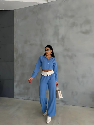 KETEN GÖMLEK-CROP-SALAŞ PANTOLON TAKIM - Mavi