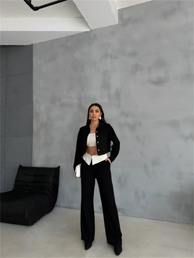 KETEN GÖMLEK-CROP-SALAŞ PANTOLON TAKIM - Siyah