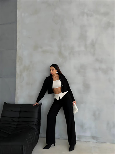 KETEN GÖMLEK-CROP-SALAŞ PANTOLON TAKIM - Siyah