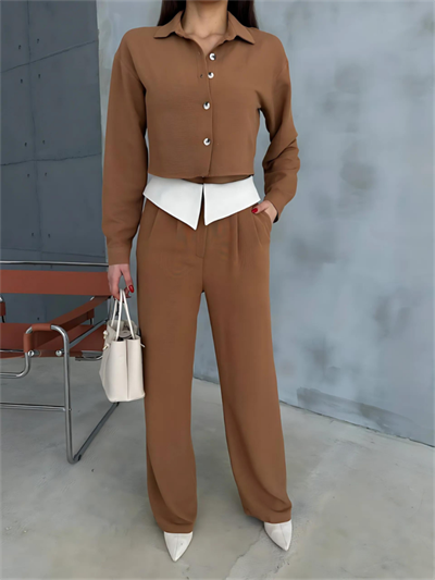 KETEN GÖMLEK-CROP-SALAŞ PANTOLON TAKIM - Kahverengi