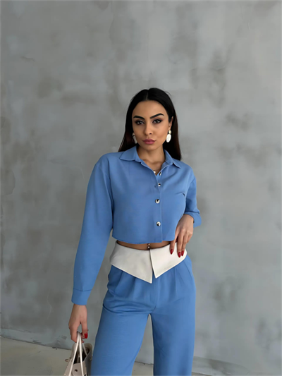 KETEN GÖMLEK-CROP-SALAŞ PANTOLON TAKIM - Mavi