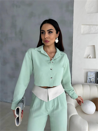 KETEN GÖMLEK-CROP-SALAŞ PANTOLON TAKIM - Mint