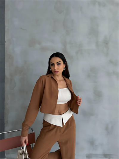 KETEN GÖMLEK-CROP-SALAŞ PANTOLON TAKIM - Kahverengi