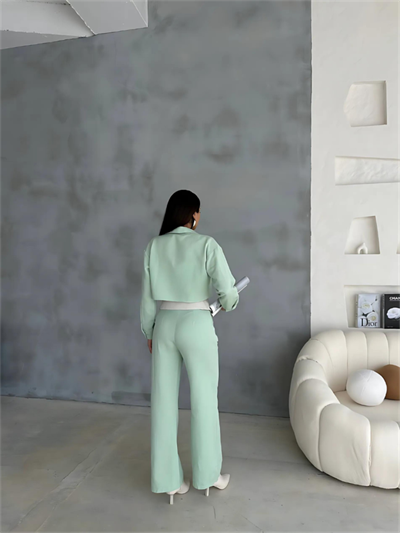 KETEN GÖMLEK-CROP-SALAŞ PANTOLON TAKIM - Mint