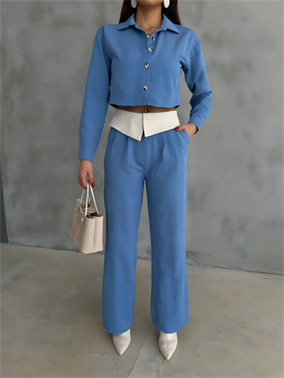 KETEN GÖMLEK-CROP-SALAŞ PANTOLON TAKIM - Mavi