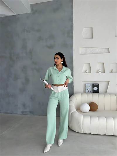 KETEN GÖMLEK-CROP-SALAŞ PANTOLON TAKIM - Mint