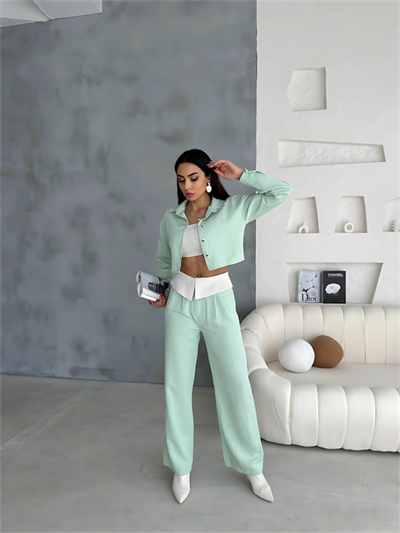 KETEN GÖMLEK-CROP-SALAŞ PANTOLON TAKIM - Mint