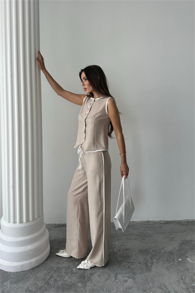 KETEN KENARLARI BİYELİ YELEK - PANTOLON TAKIM - Bej