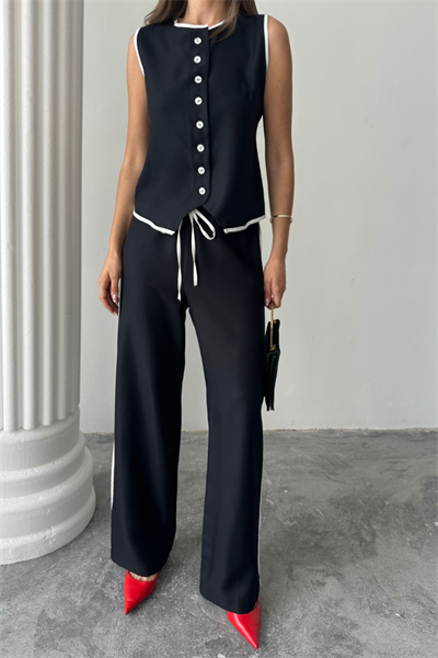 KETEN KENARLARI BİYELİ YELEK - PANTOLON TAKIM - Siyah