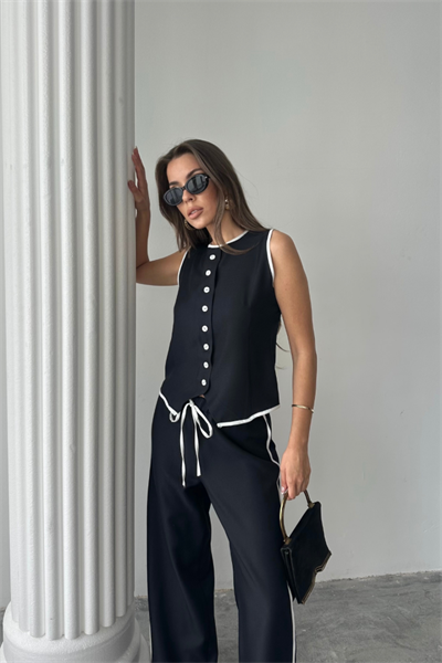 KETEN KENARLARI BİYELİ YELEK - PANTOLON TAKIM - Siyah