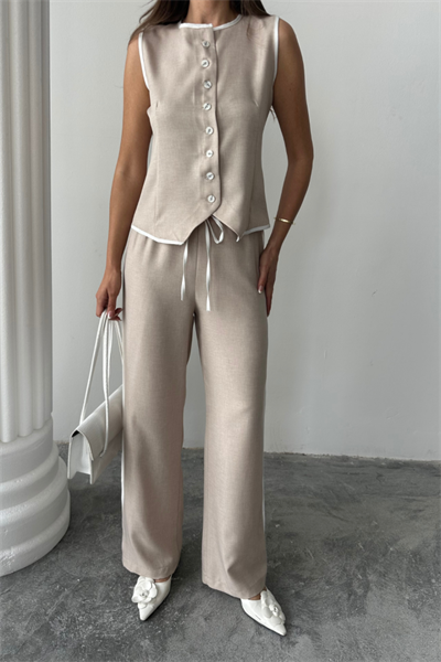 KETEN KENARLARI BİYELİ YELEK - PANTOLON TAKIM - Bej