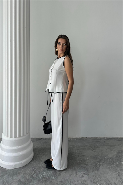 KETEN KENARLARI BİYELİ YELEK - PANTOLON TAKIM - Beyaz