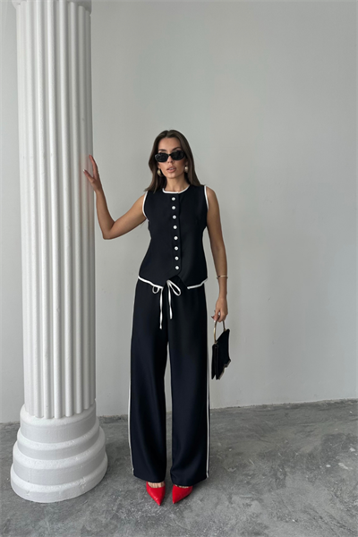 KETEN KENARLARI BİYELİ YELEK - PANTOLON TAKIM - Siyah