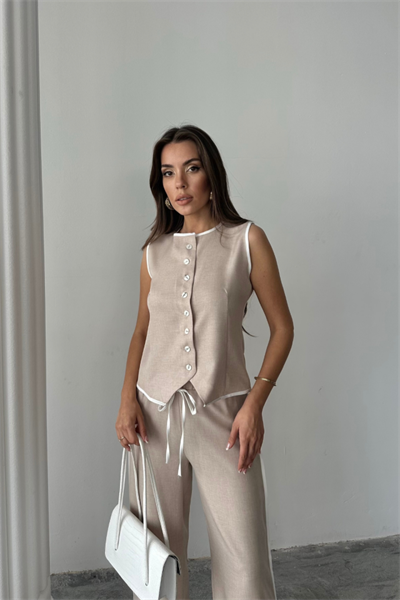 KETEN KENARLARI BİYELİ YELEK - PANTOLON TAKIM - Bej