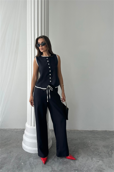 KETEN KENARLARI BİYELİ YELEK - PANTOLON TAKIM - Siyah