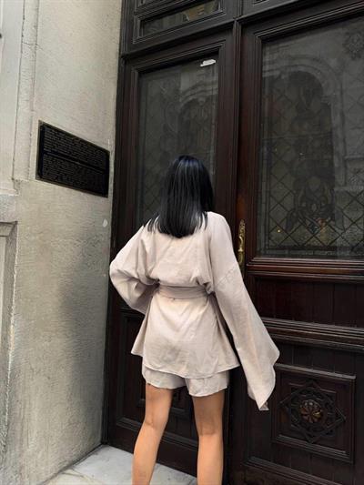 KETEN KİMONO - ŞORT TAKIM - Bej