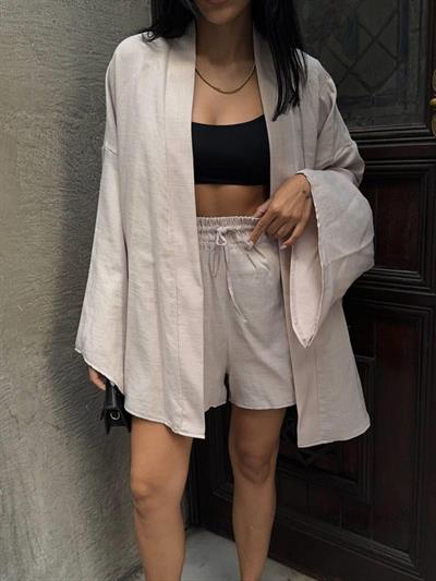 KETEN KİMONO - ŞORT TAKIM - Bej
