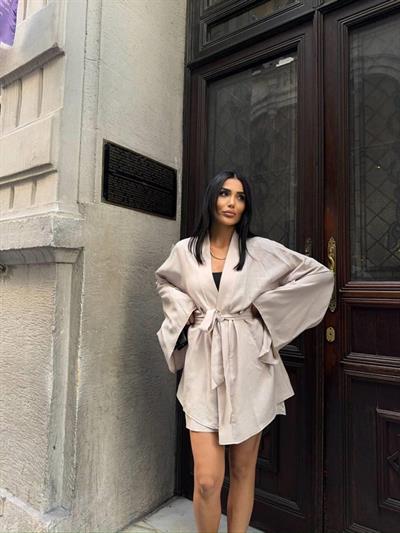 KETEN KİMONO - ŞORT TAKIM - Bej