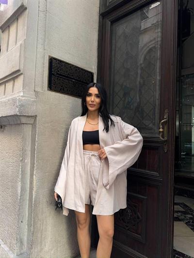 KETEN KİMONO - ŞORT TAKIM - Bej