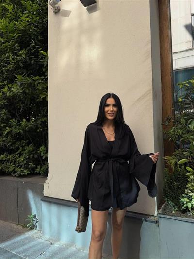 KETEN KİMONO - ŞORT TAKIM - Siyah