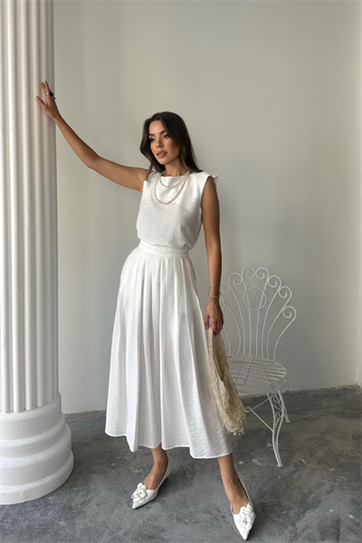 KETEN KOLSUZ BLUZ - MAXİ ETEK TAKIM - Beyaz